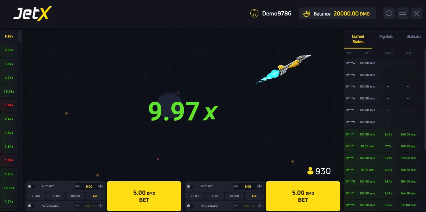 Interface do jogo JetX mostrando multiplicador 9.97x em tempo real